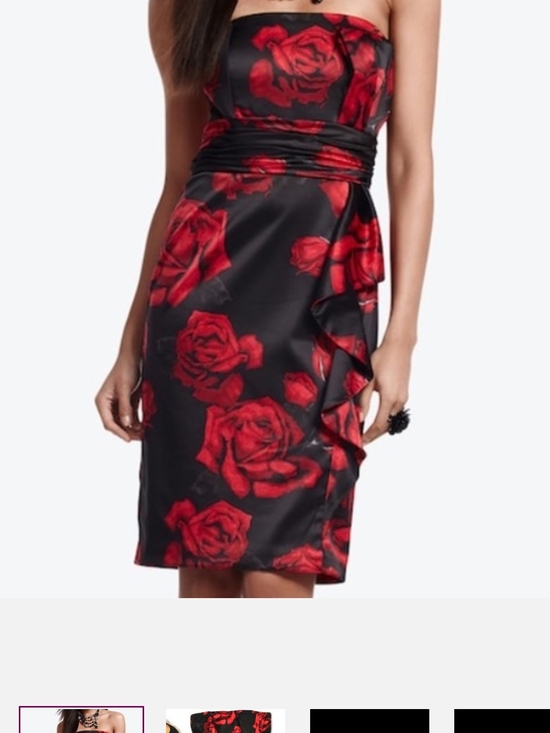 White House Black Market Dresses & Skirts - White House Black Market Strapless Black Dress with Red Rose Pattern